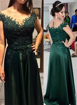 Picture of Dark Green Beaded and Lace Satin A-line Bridesmaid Dresses, Green Prom Dresses Evening Dresses